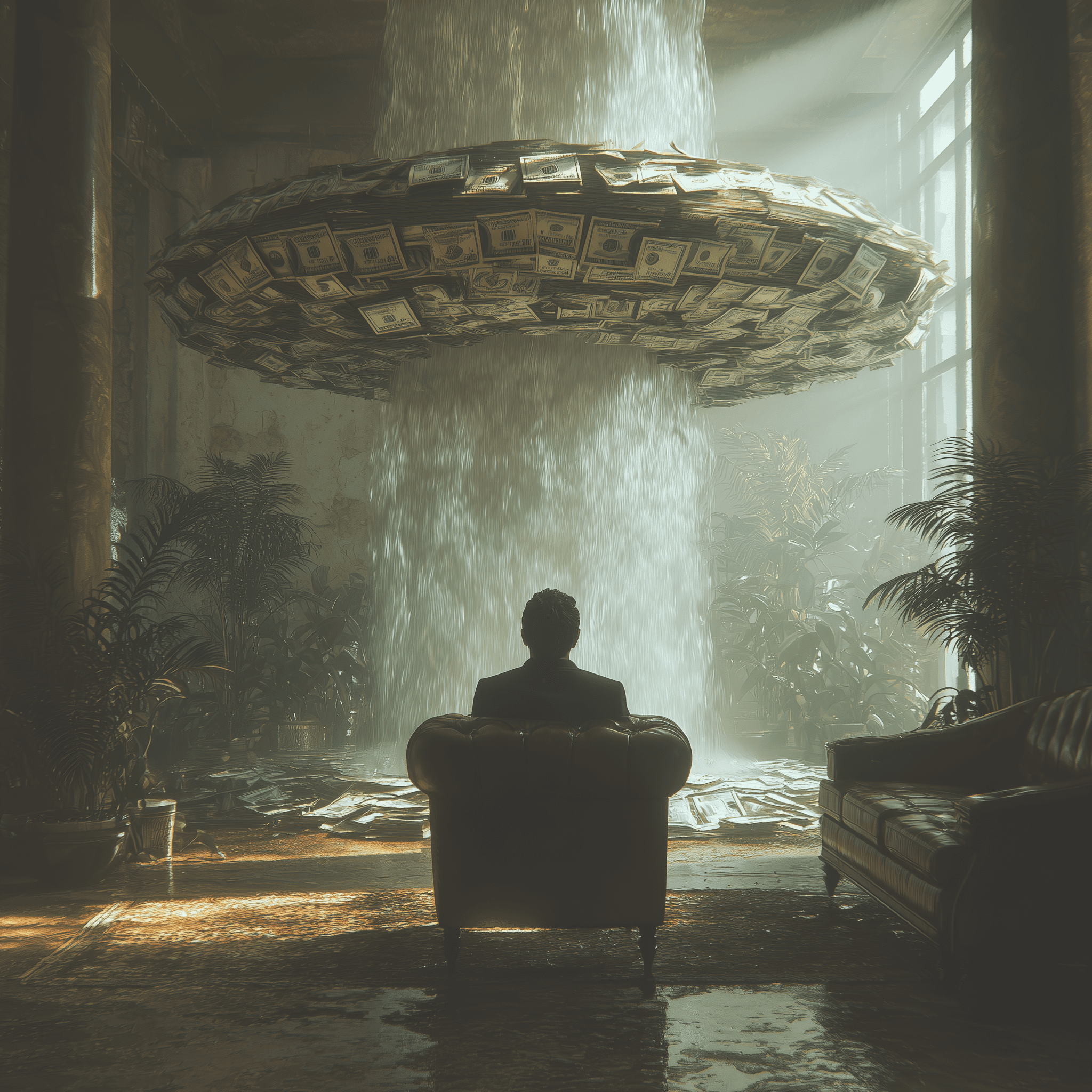An entrepreneur watches a vortex of dollar bills swirl through a flooded office.
