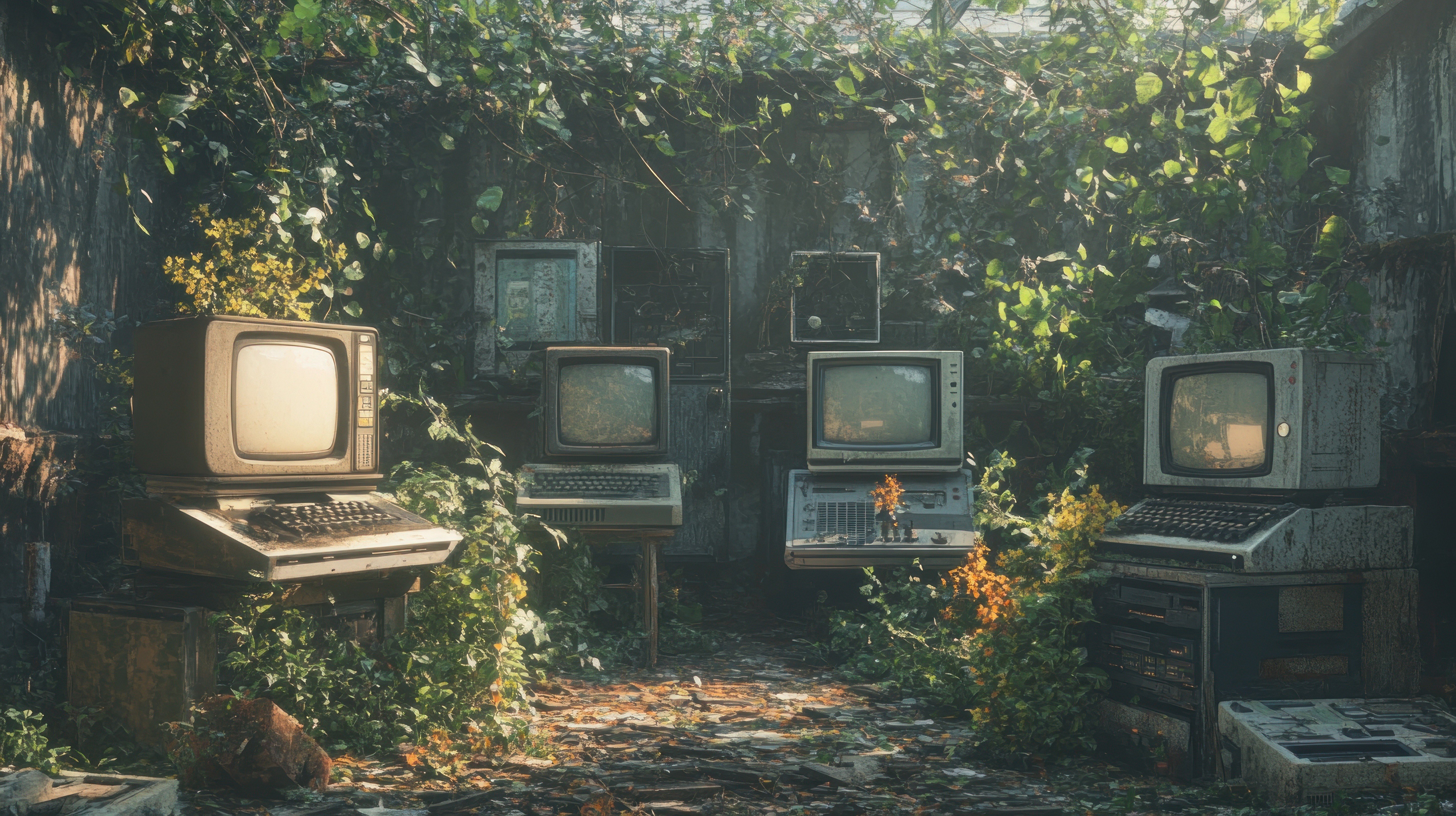 Abandoned vintage computers are overgrown with plants and vines.