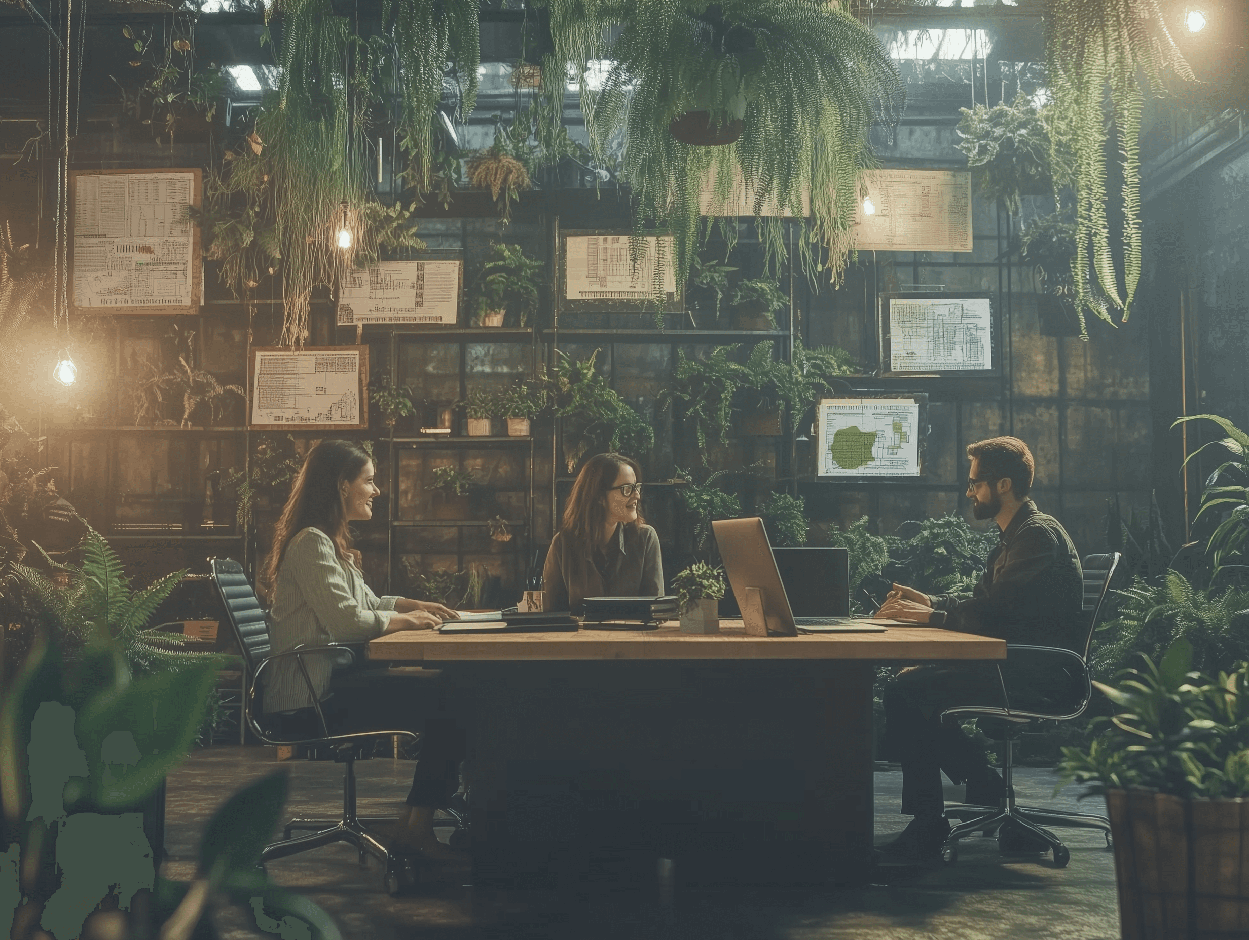 A startup team collaborates in a green office filled with plants and plans.