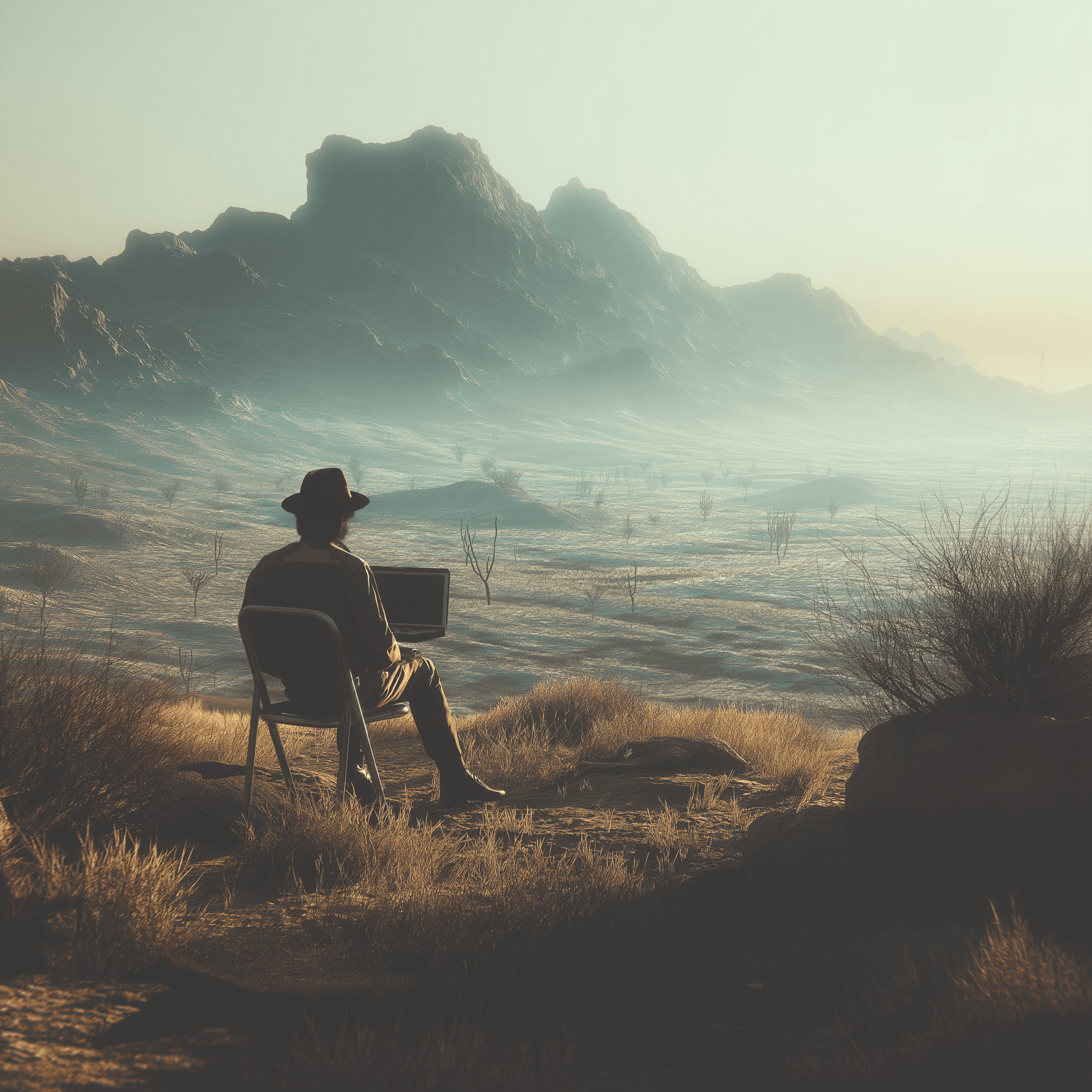 A solo founder works at a laptop in an empty landscape facing distant mountains.