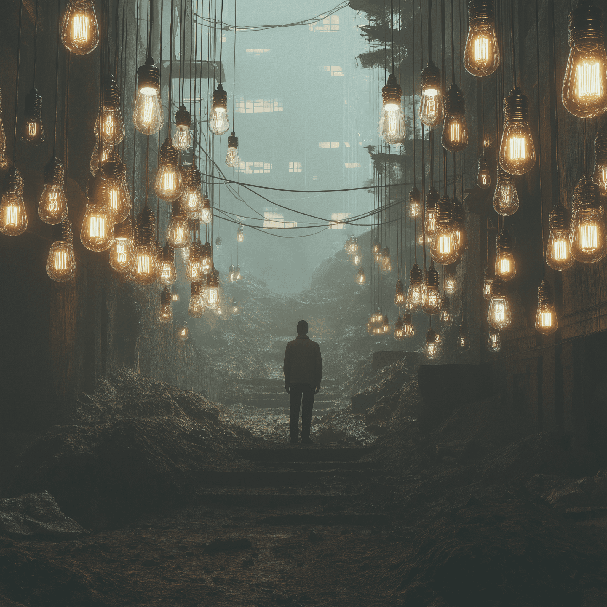 A founder stands on a misty path surrounded by hanging lightbulbs.