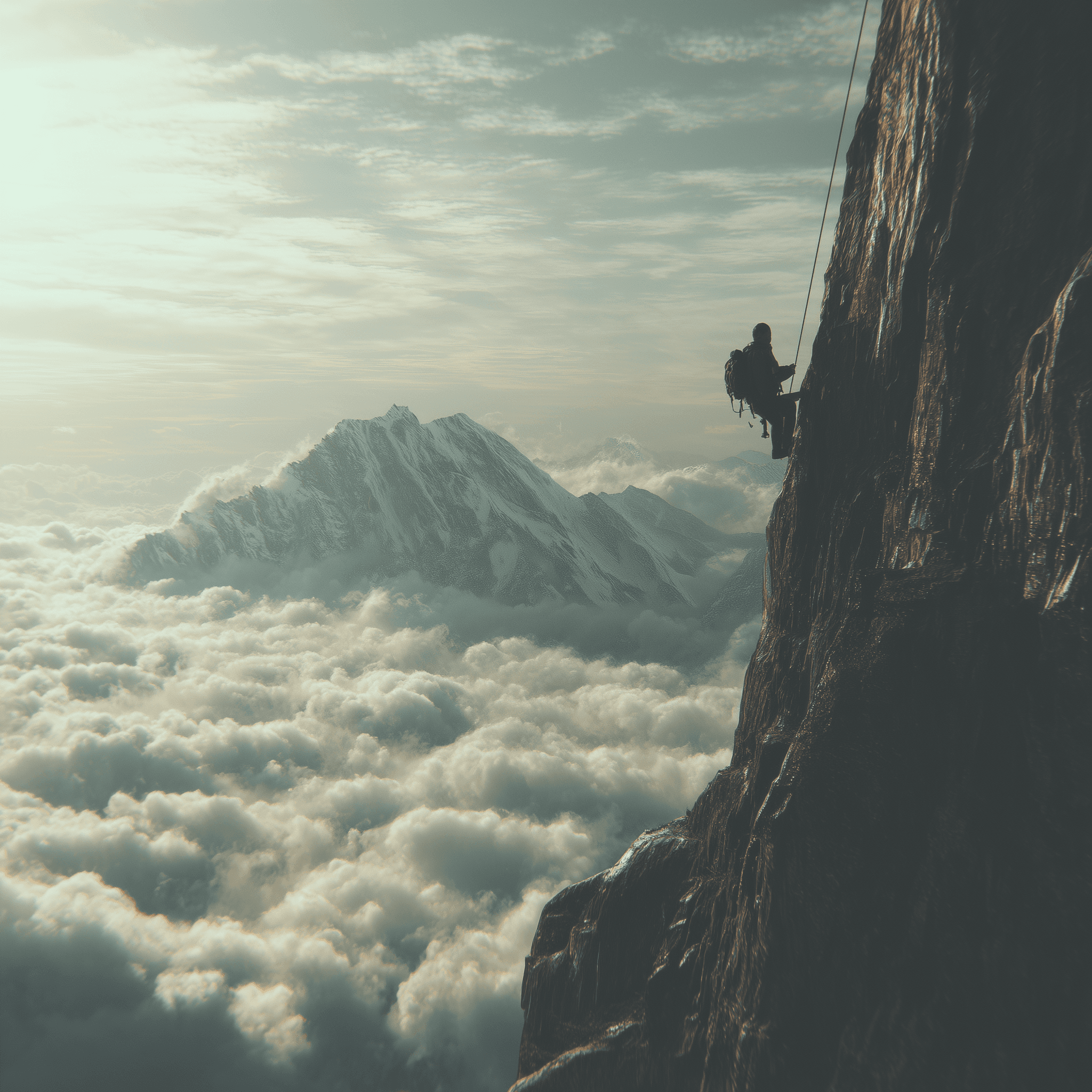 A lone mountain climber scales a cliff above the clouds.